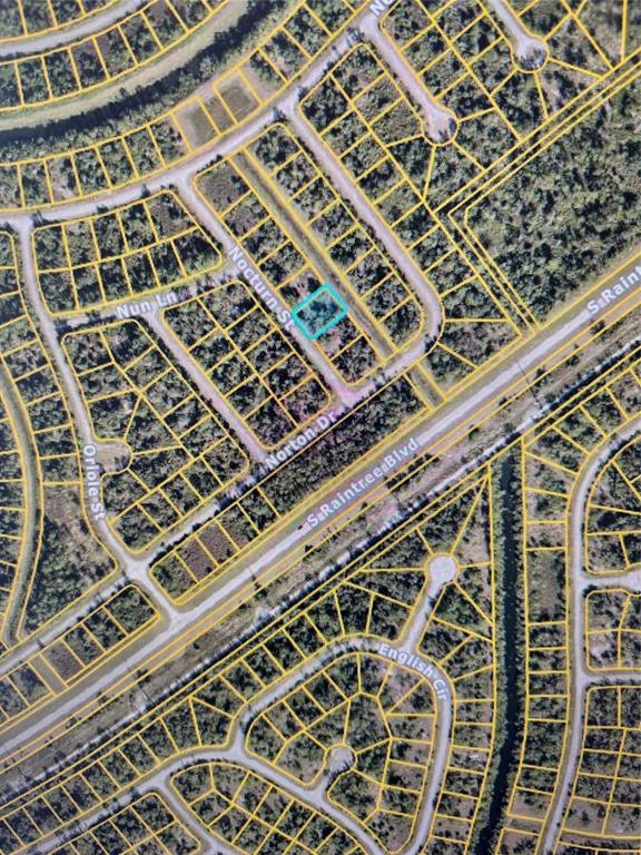 An aerial map view shows a highlighted vacant residential lot within a suburban neighborhood — NOCTURN STREET, NORTH PORT, FL