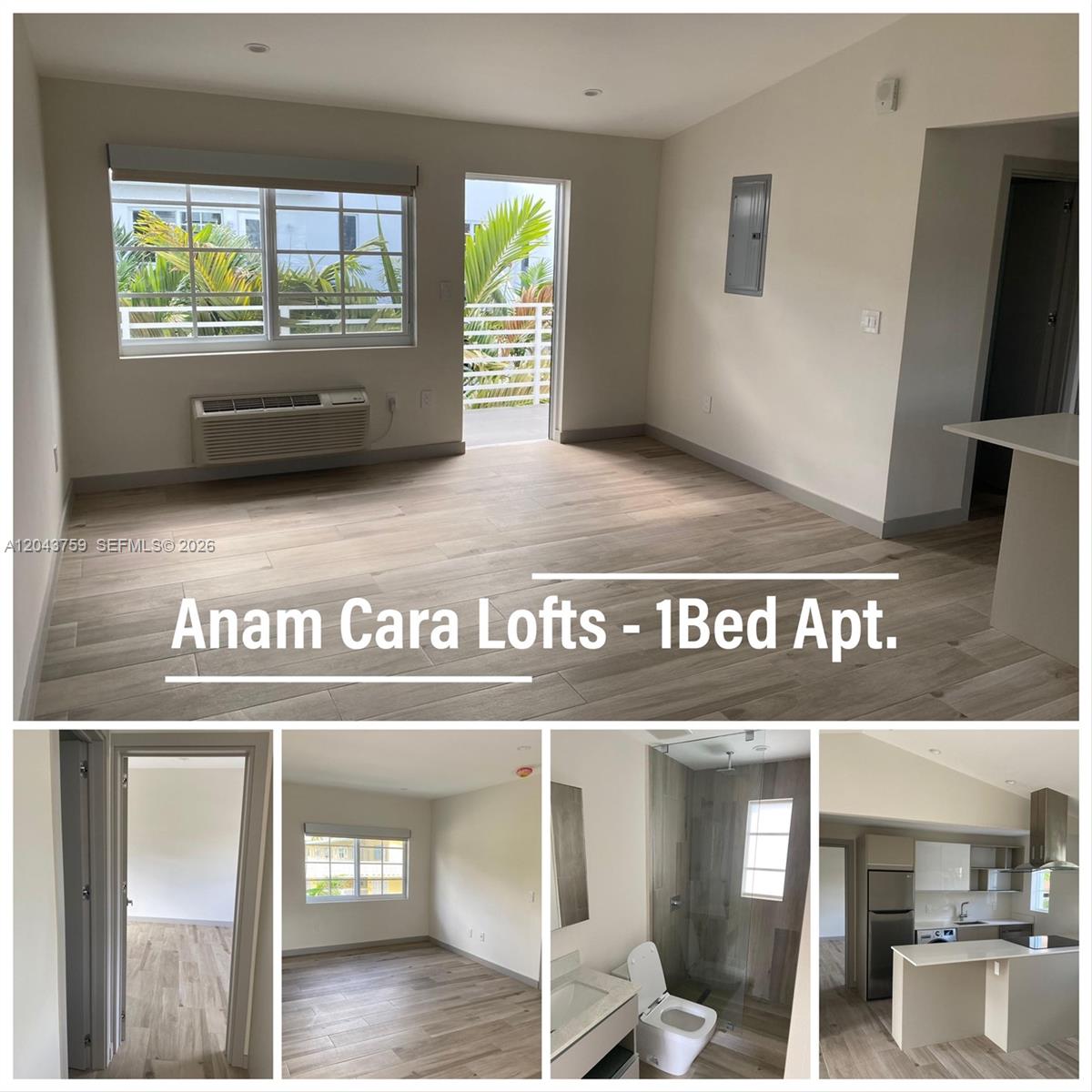 A collage shows a one-bedroom apartment with light wood-look flooring, a kitchen, and a bathroom — 8035 Abbott Ave, Miami Beach FL 33141, MIAMI BEACH, FL