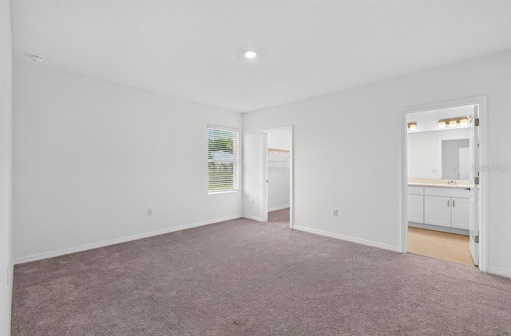 A bedroom with gray carpet, white walls, a walk-in closet, and an attached bathroom — 190 JONES FISH CAMP ROAD, EDGEWATER, FL