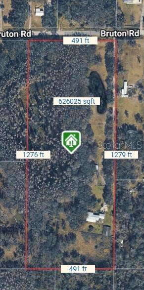 An aerial map shows a rectangular plot of land outlined in red near Bruton Road — 5321 BRUTON ROAD, PLANT CITY, FL