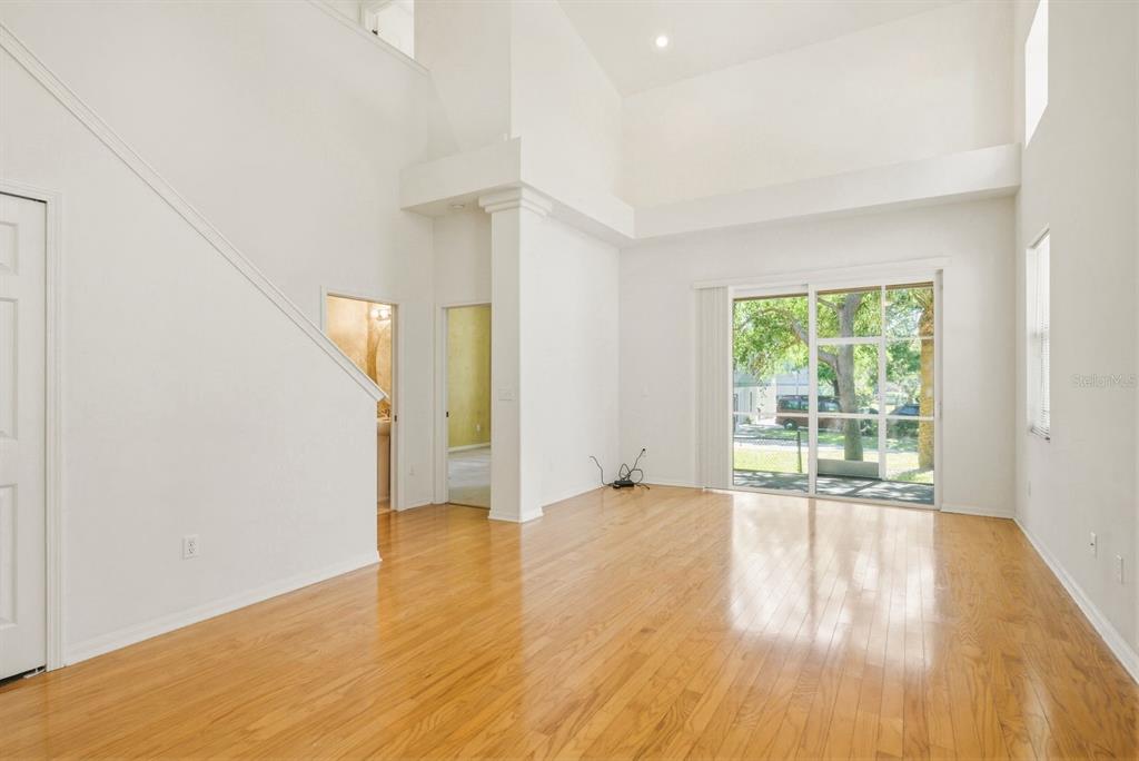 A bright living room with high ceilings, hardwood floors, and a sliding glass door — 1405 RIDGE TERRACE, TARPON SPRINGS, FL