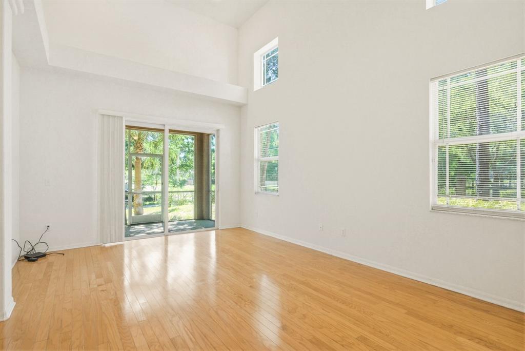 A bright living room features light hardwood floors, high ceilings, and a sliding glass door — 1405 RIDGE TERRACE, TARPON SPRINGS, FL