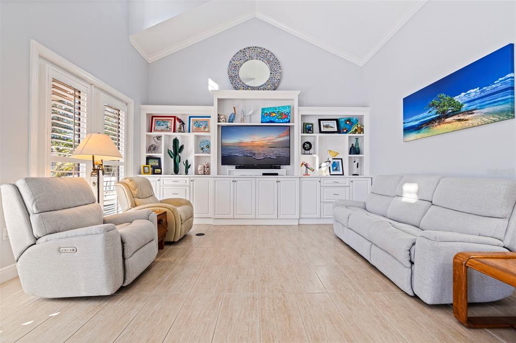 A living room features a vaulted ceiling, built-in shelving, a television, and light-colored furniture — 6101 YEATS MANOR DRIVE, TAMPA, FL