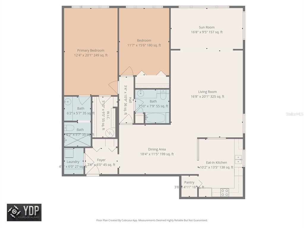 This is a floor plan showing a two-bedroom, two-bathroom residential unit with an open layout — 100 BLUFF VIEW DRIVE UNIT 514C, BELLEAIR BLUFFS, FL