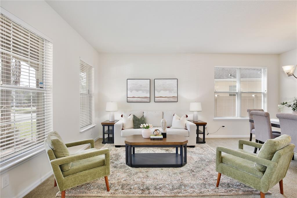 A living room features a white sofa, two green armchairs, and a patterned area rug — 6049 FENDER COURT, ORLANDO, FL