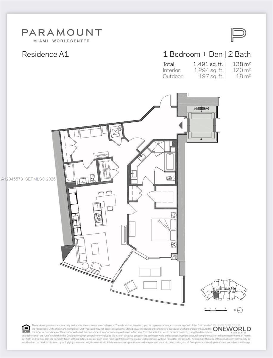 This is a floor plan for a one-bedroom plus den residence with two bathrooms — MIAMI, FL