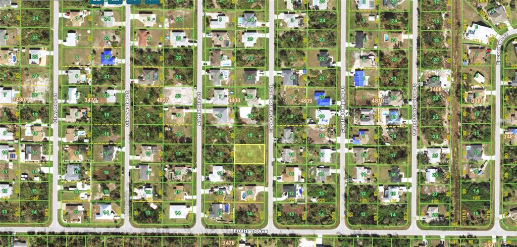This is an aerial map view of a residential neighborhood with highlighted property lots — 7475 CAPE GIRARDEAU STREET, ENGLEWOOD, FL