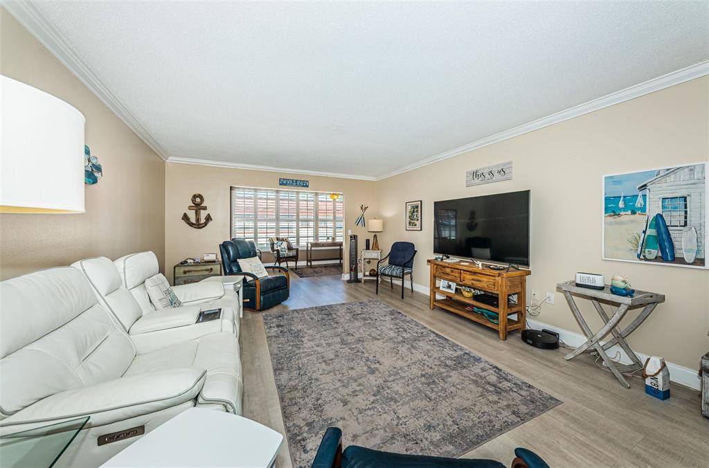 A living room features a white leather sofa, a large television, and a gray area rug — 3010 59TH STREET S UNIT 302, GULFPORT, FL