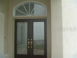 A dark wood double front door with glass inserts and a semi-circular transom window above — 18178 SANDY POINTE DRIVE, TAMPA, FL