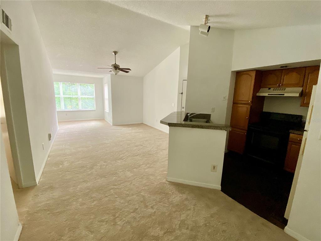 An open-concept living area features beige carpeting, a vaulted ceiling, and an adjacent kitchen — 4572 COMMANDER DRIVE UNIT 1234, ORLANDO, FL