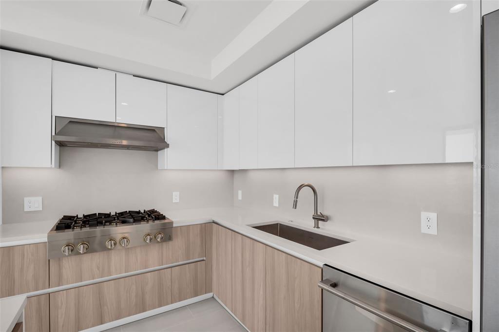 A modern kitchen features white upper cabinets, wood-grain lower cabinets, stainless steel appliances, and countertops — 400 CENTRAL AVENUE UNIT 3606, ST PETERSBURG, FL