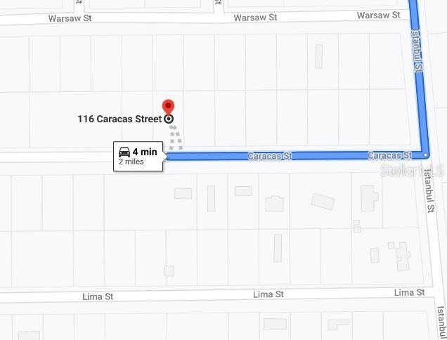 This is a map showing a driving route to a location on Caracas Street — 116 CARACAS STREET, INTERLACHEN, FL