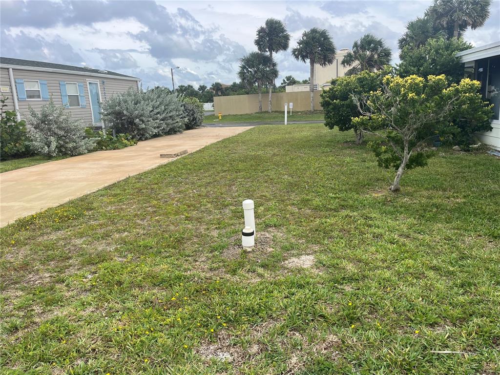 A grassy lot features a concrete driveway, a white utility pipe, and several palm trees — 228 STARBOARD DRIVE, FLAGLER BEACH, FL