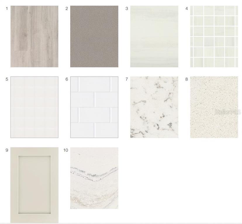 This image displays a grid of ten interior design material samples for home finishes — 3118 VICENZA COURT, BRADENTON, FL