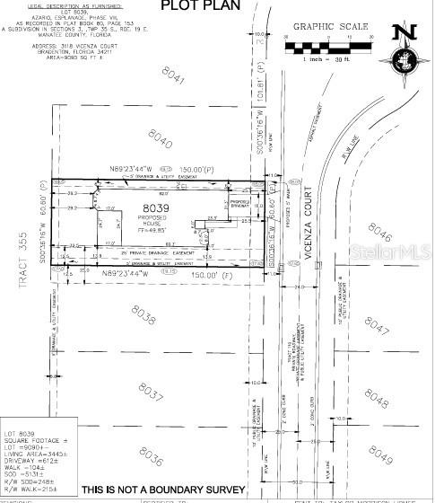 This is a plot plan showing the proposed house footprint and lot dimensions for a property — 3118 VICENZA COURT, BRADENTON, FL