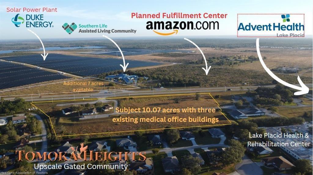 This aerial view shows a commercial property with three buildings surrounded by nearby developments — 1346 US 27, Lake Placid FL 33852, LAKE PLACID, FL