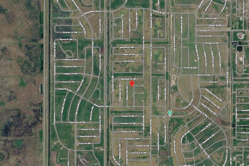 This is a satellite map showing residential streets and undeveloped lots in a suburban area — 2524 ADONIS AVENUE SW, PALM BAY, FL