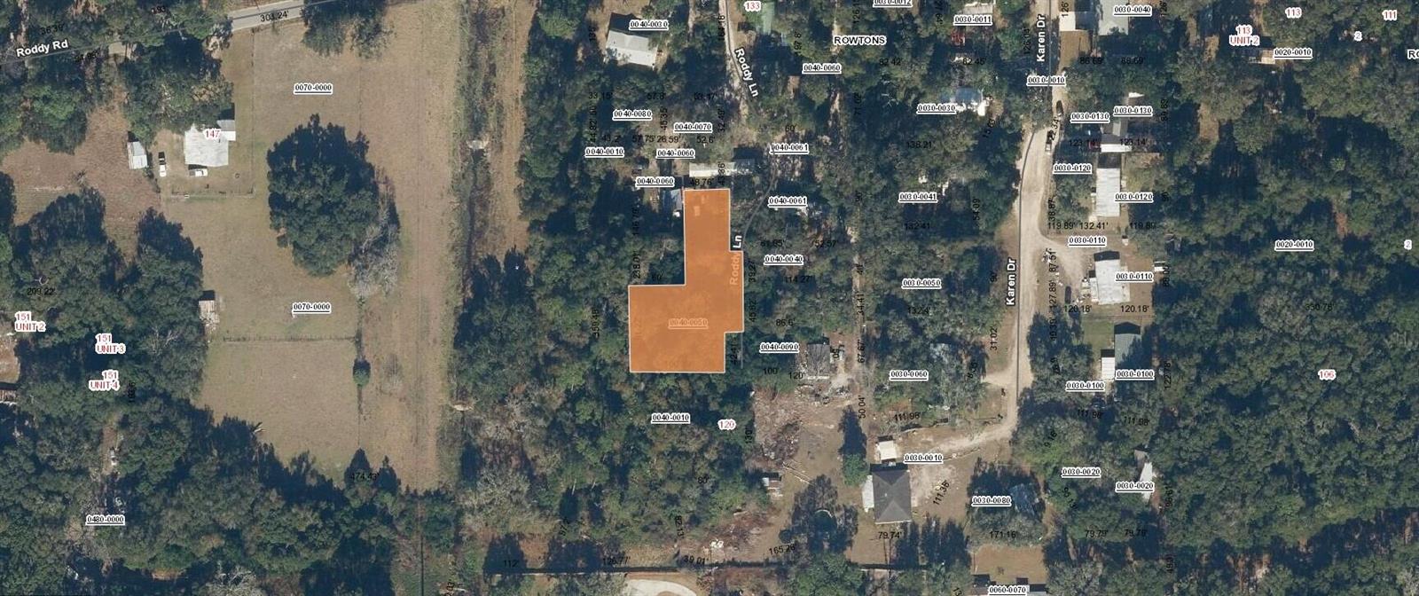 This is an aerial map showing property parcel boundaries and road names — 115 Roddy Lane, Palatka FL 32177, PALATKA, FL