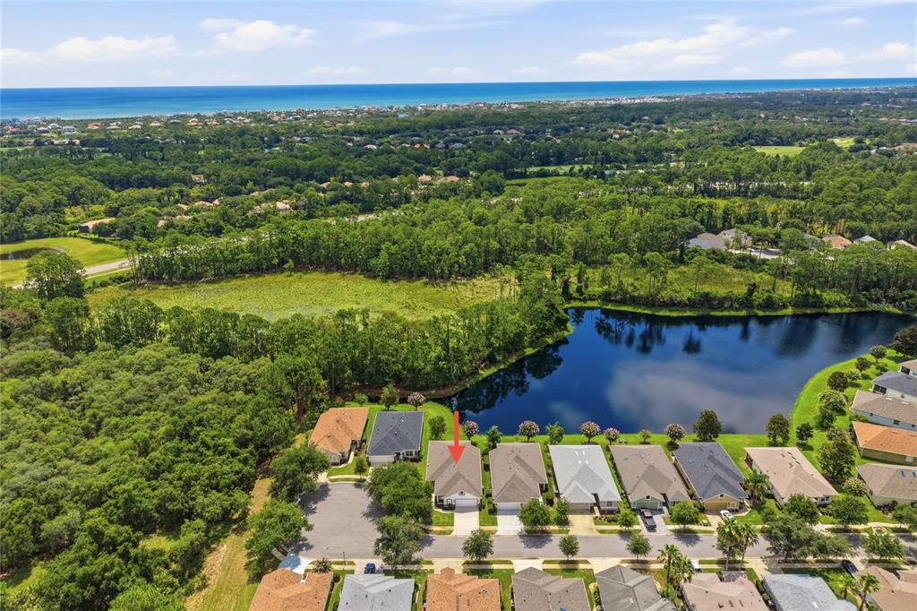 An aerial view shows a residential neighborhood with a red arrow pointing to a house — 14 CROSSLINK COURT, PALM COAST, FL