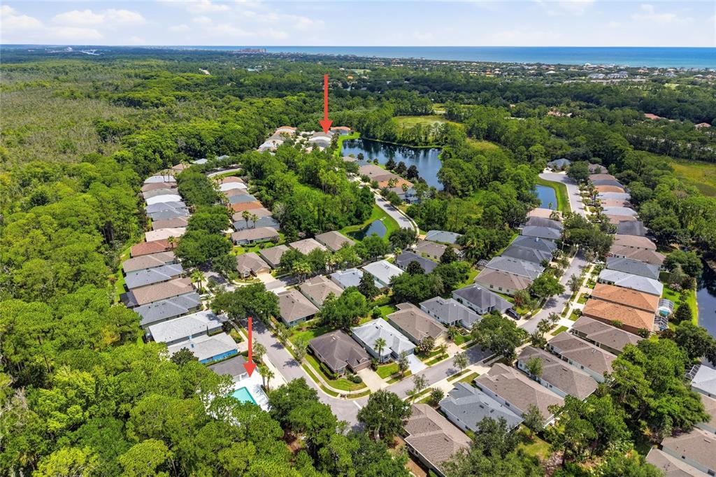 Aerial view of a residential neighborhood with houses, swimming pools, and surrounding wooded areas — 14 CROSSLINK COURT, PALM COAST, FL