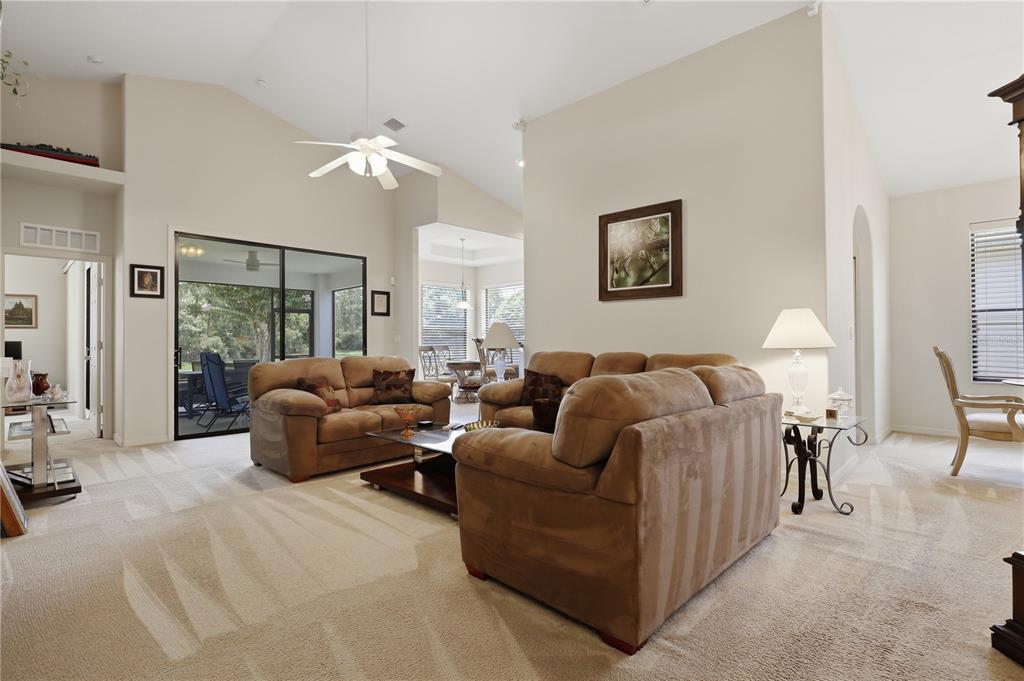 A living room features beige carpet, vaulted ceilings, brown sofas, and a sliding glass door — 14 CROSSLINK COURT, PALM COAST, FL