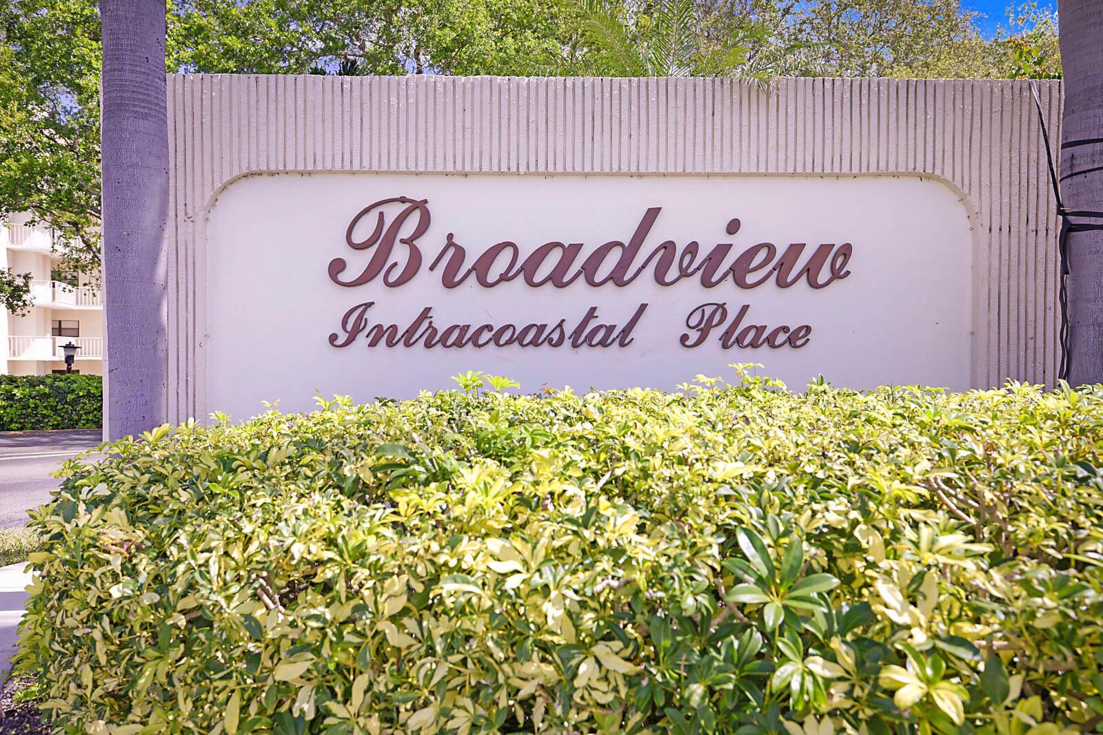 A sign for Broadview Intracoastal Place stands behind a green hedge in front of buildings — 300 Intracoastal Place # 203, Jupiter FL 33469, JUPITER, FL