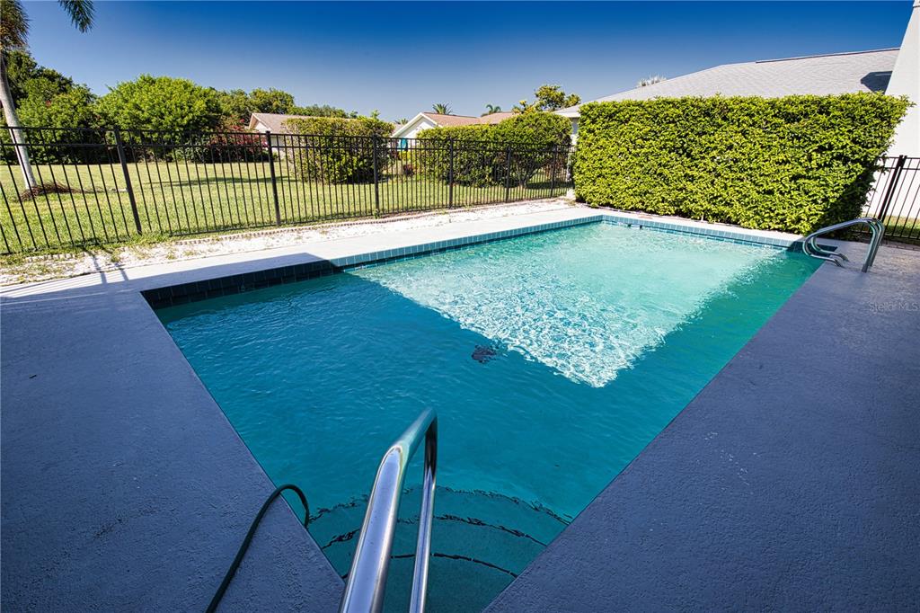 A rectangular swimming pool with a metal handrail sits in a backyard with a hedge — 902 PINEHURST LANE, VENICE, FL