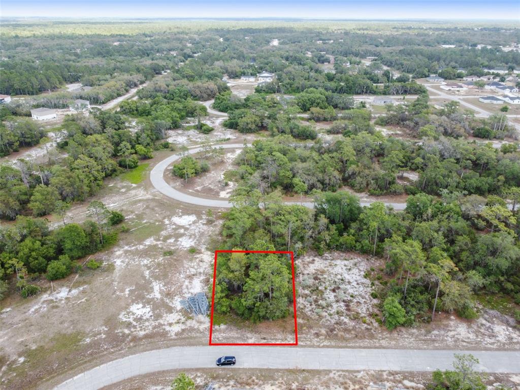 An aerial view shows a rectangular vacant lot outlined in red along a paved road — 1315 HOMOSASSA COURT, KISSIMMEE, FL