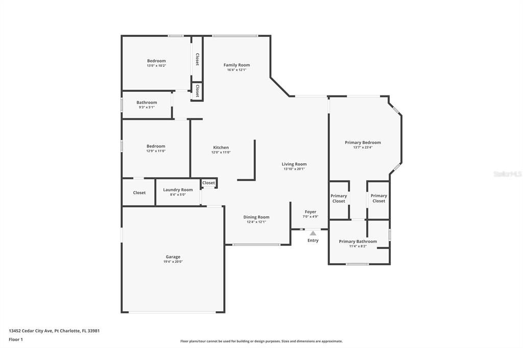 This is a floor plan for a single-story house with a garage and three bedrooms — 13452 CEDAR CITY AVENUE, PORT CHARLOTTE, FL