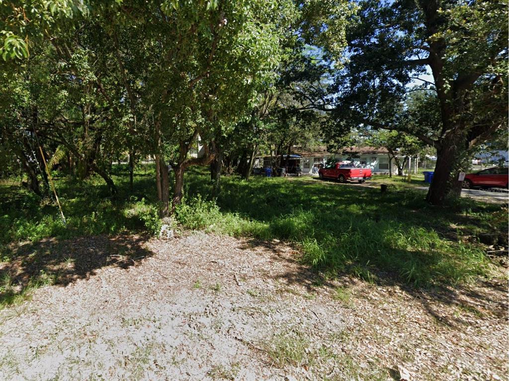 A view of a grassy, tree-filled lot with a house and vehicles in the background — 832 E 145TH AVENUE, TAMPA, FL