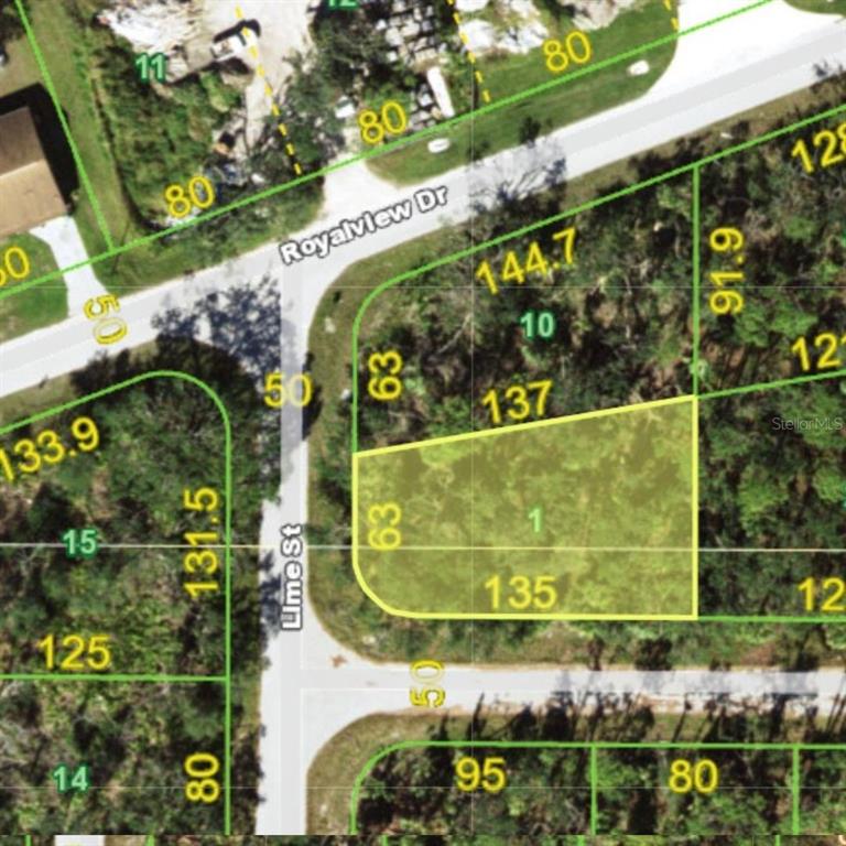 This is a map showing a highlighted rectangular land parcel at a street intersection — 17098 HEMLOCK AVENUE, PORT CHARLOTTE, FL