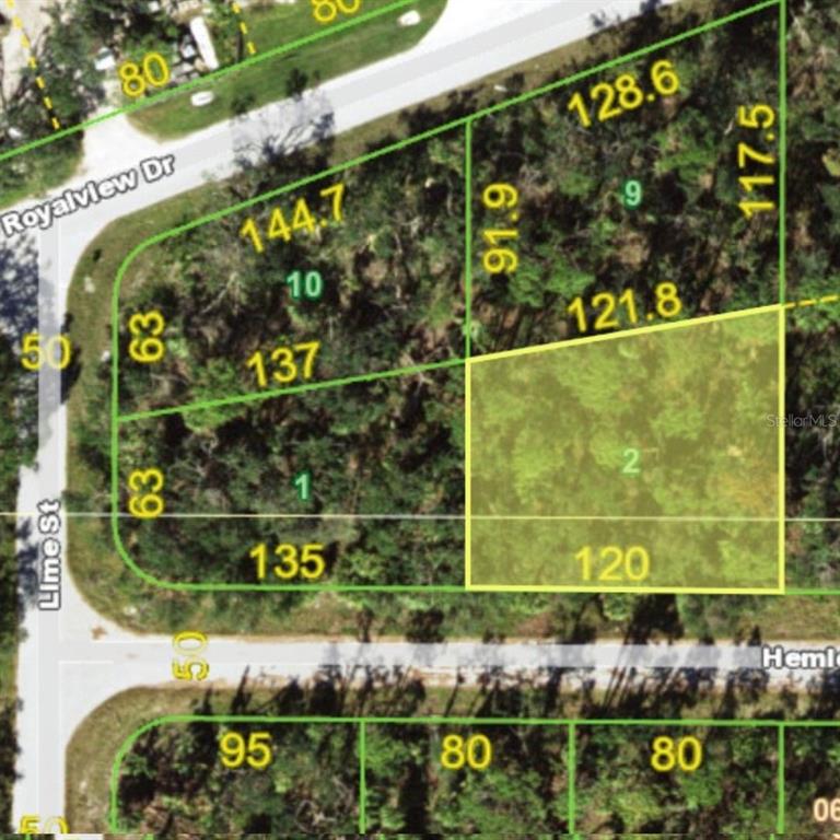 This is a property map showing the layout and dimensions of several adjacent land parcels — 17098 HEMLOCK AVENUE, PORT CHARLOTTE, FL