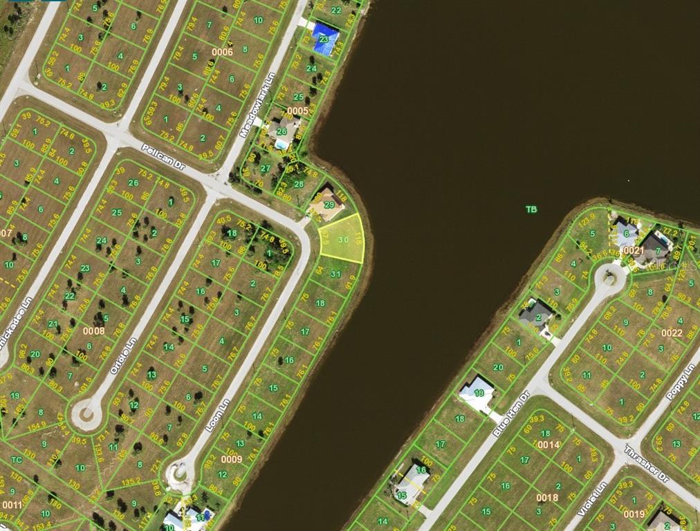 This is a satellite map view showing residential lots, streets, and a body of water — 22 LOON LANE, PLACIDA, FL