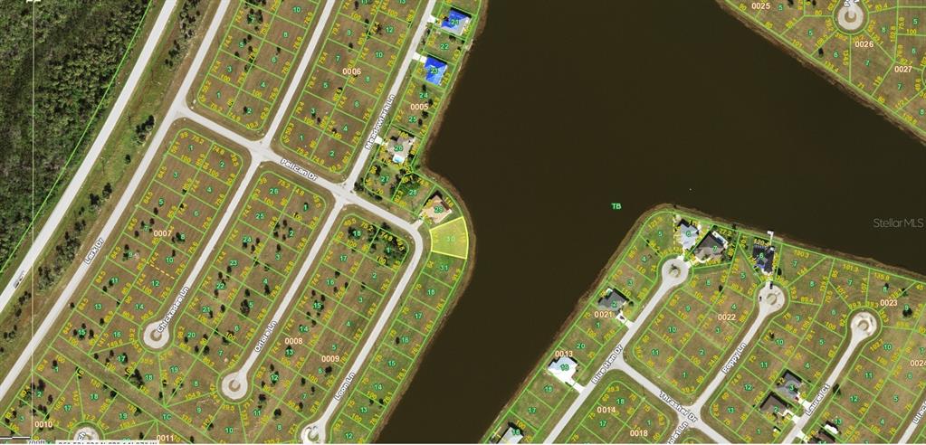 This is a satellite map showing residential lots and a lake in a subdivision — 22 LOON LANE, PLACIDA, FL