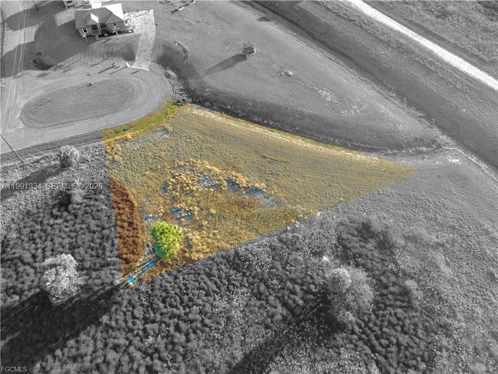 An aerial view shows a triangular plot of land with standing water and vegetation — 216 LYNBROOK LOOP, La Belle FL 33935, LA BELLE, FL