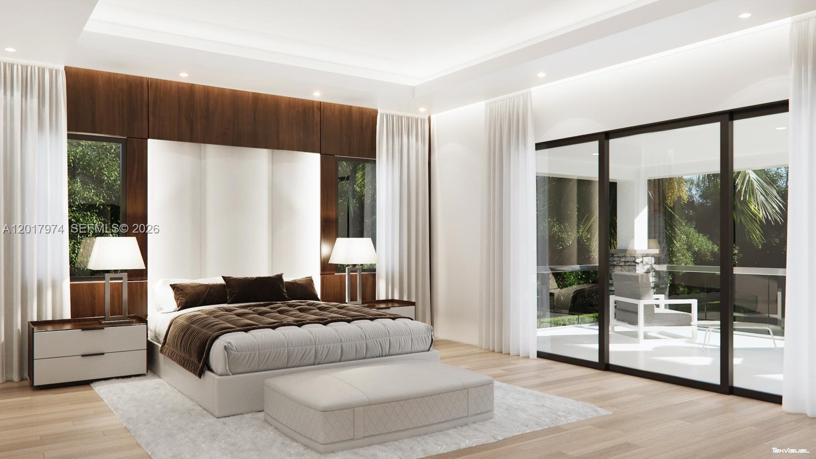 This rendering shows a modern bedroom with wood paneling, a bed, and large glass doors — 11250 NW 4th St, Plantation FL 33325, PLANTATION, FL