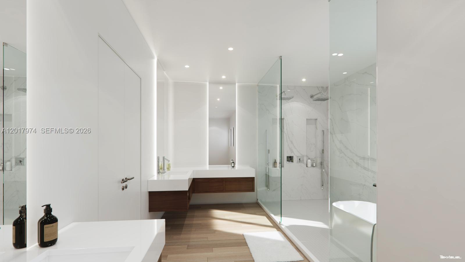 This rendering shows a modern bathroom with a glass-enclosed shower, floating vanity, and marble walls — 11250 NW 4th St, Plantation FL 33325, PLANTATION, FL