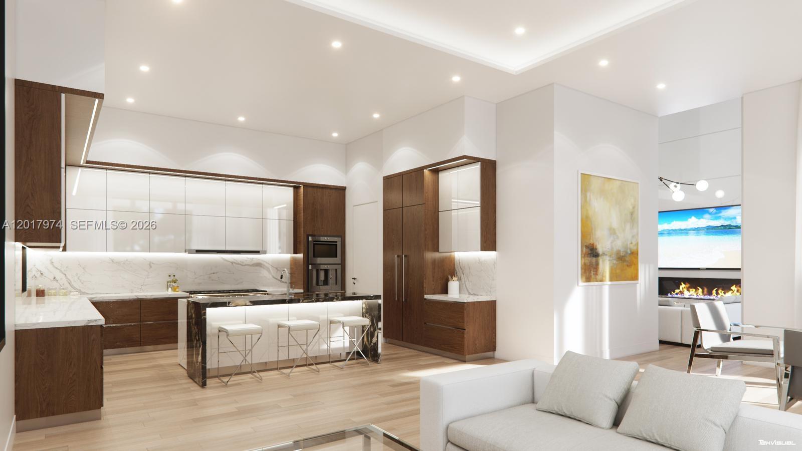 This is a rendering of a modern kitchen with wood cabinetry, marble countertops, and island seating — 11250 NW 4th St, Plantation FL 33325, PLANTATION, FL