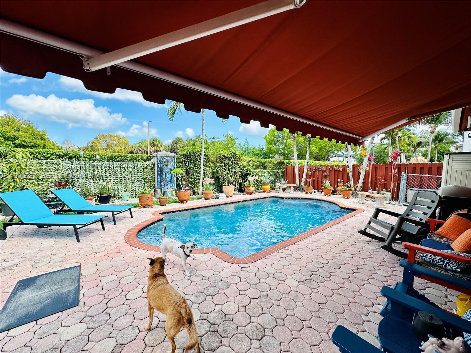 A backyard features a swimming pool, lounge chairs, and palm trees next to a house — 14531 SW 160th Ct, Miami FL 33196, MIAMI, FL