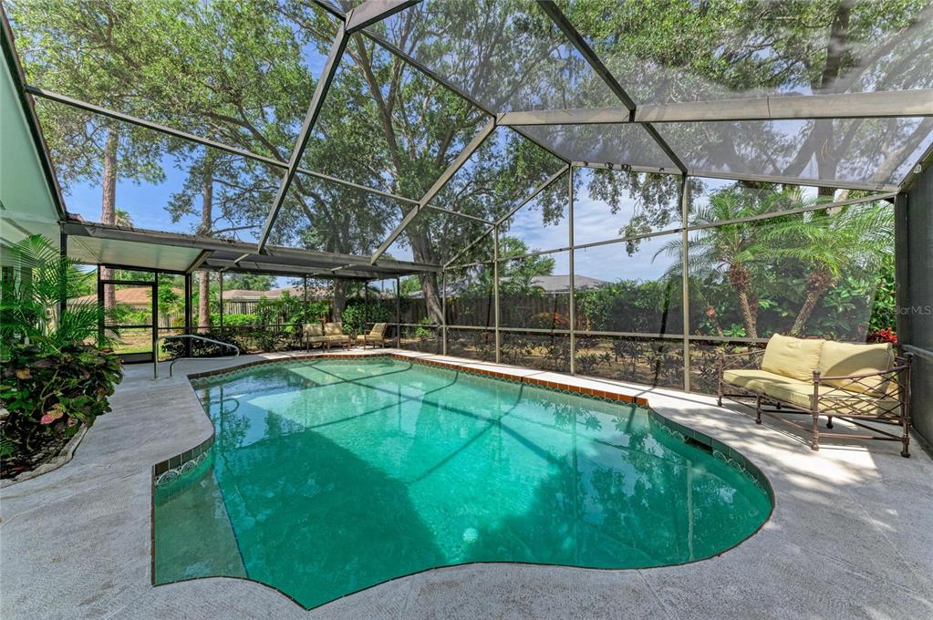 A screened-in swimming pool with a concrete deck and patio furniture under mature trees — 3980 LEMONWOOD DRIVE, SARASOTA, FL