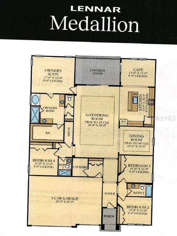 This is a floor plan for a Lennar Medallion home featuring four bedrooms and a garage — 4171 ACOMA DRIVE, ORMOND BEACH, FL