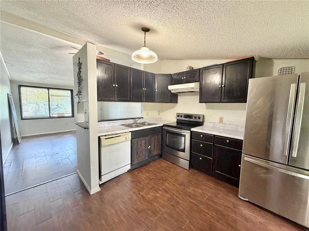 A kitchen features dark wood cabinets, stainless steel appliances, and wood-look flooring — 1312 LAWNE BOULEVARD, ORLANDO, FL