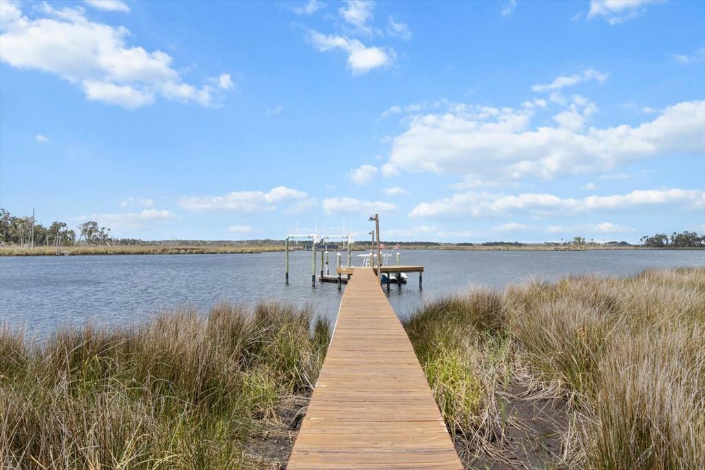 A wooden dock extends through marsh grass into a calm body of water — 11927 W TIMBERLANE DRIVE, HOMOSASSA, FL