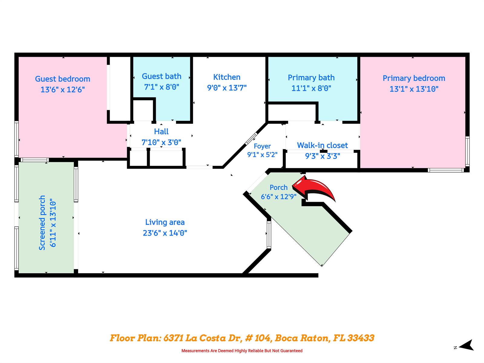 This is a floor plan for a two-bedroom, two-bathroom residential unit with a screened porch — 6371 La Costa Drive # 104, Boca Raton FL 33433, BOCA RATON, FL