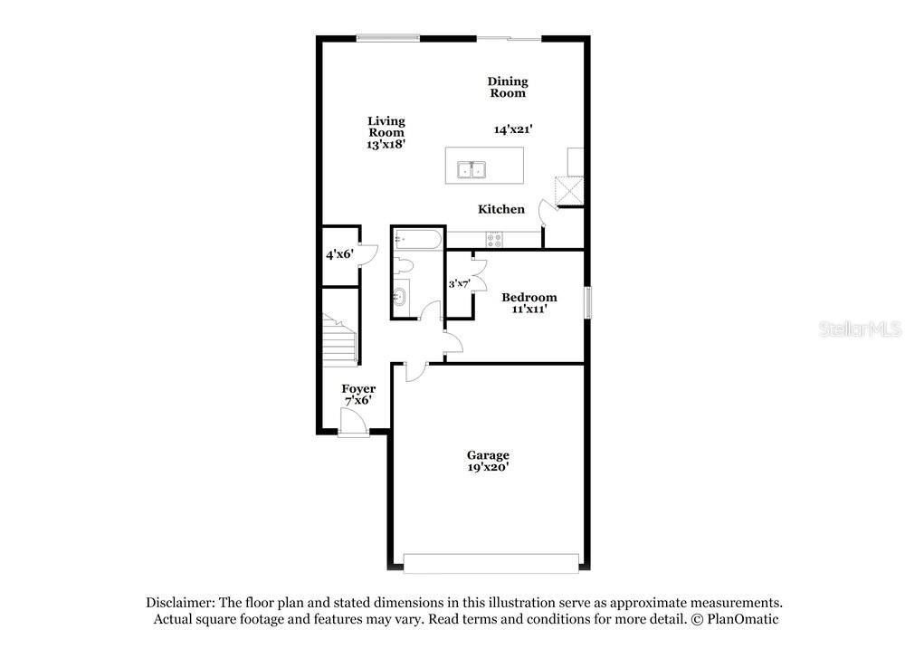 This is a floor plan showing a single-story home with a garage, kitchen, and bedroom — 954 KELLY FERN LOOP, RUSKIN, FL