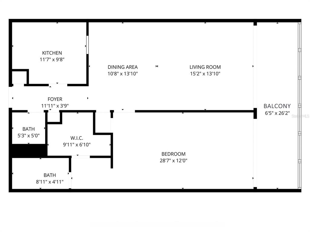 This is a floor plan showing the layout of a one-bedroom apartment with a balcony — 17920 GULF BOULEVARD UNIT 1408, REDINGTON SHORES, FL
