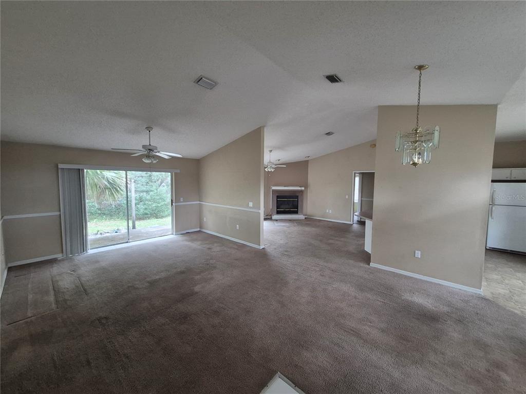 A spacious living room features beige carpet, a fireplace, a ceiling fan, and sliding glass doors — 23300 DOVER DRIVE, LAND O LAKES, FL
