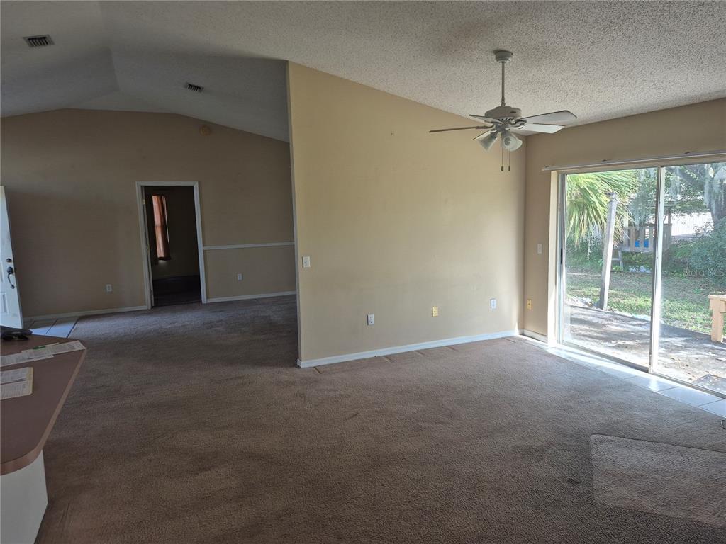 A carpeted living room features a ceiling fan, beige walls, and sliding glass patio doors — 23300 DOVER DRIVE, LAND O LAKES, FL