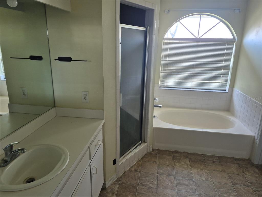 A bathroom features a vanity with a sink, a glass shower, and a soaking tub — 23300 DOVER DRIVE, LAND O LAKES, FL