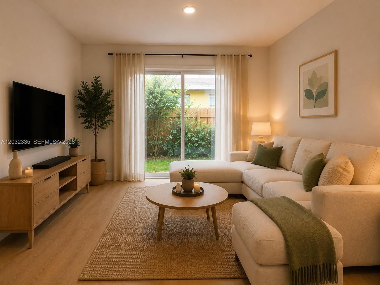 A living room features a sectional sofa, a round coffee table, and a sliding glass door — 8106 NE 1st Ave # 3, Miami FL 33138, MIAMI, FL
